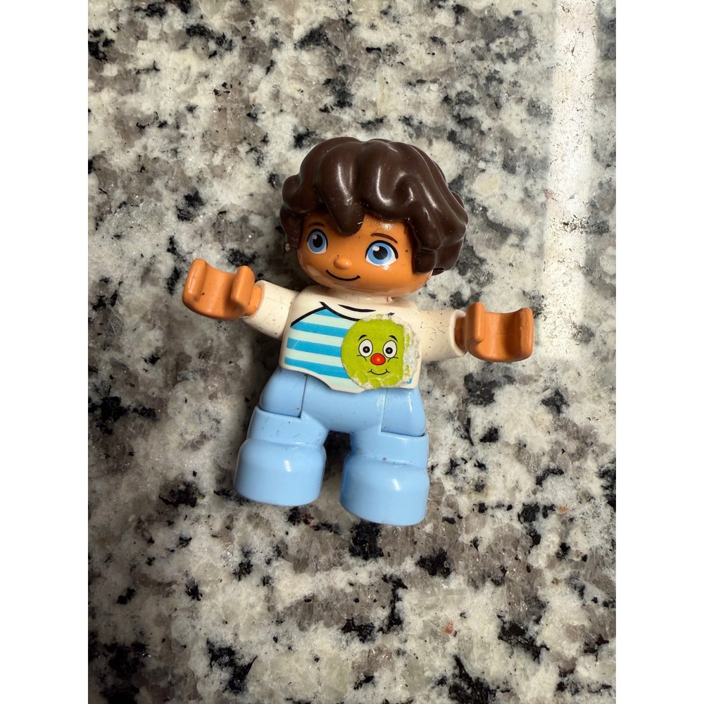 LEGO Duplo Boy Figure White Blue Striped Shirt Green Smiley‎ Face Brown Hair